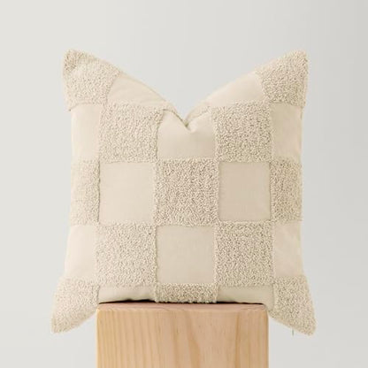 Double Stitch 100% Cotton Tufted Boho Checkered Throw Pillow Covers, Beige - color: Beige, size: 20" x 20" (Pack of 1)