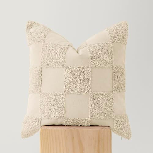 Double Stitch 100% Cotton Tufted Boho Checkered Throw Pillow Covers, Beige - color: Beige, size: 20" x 20" (Pack of 1)