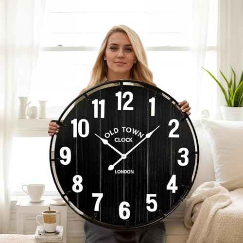 EMAX HOME Large Old Town Farmhouse Black Wall Clock 30 Inch Rustic Antique Wood with Metal Circle and Large Numerals Silent Battery Operated Wall Clock for Office Kitchen Bedroom Living Room - color: Black, size: 30 Inch