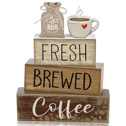 Yuntau 4 Pcs FarmhouseCoffee Bar Decor Wooden Tabletop Block Sign - style: Coffee Bar