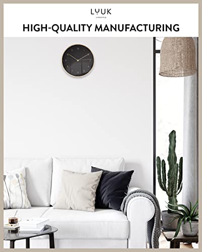 LUUK LIFESTYLE Modern Silent Quartz Wall Clock, 10in, Black & Gold | Chic & Minimalist, Non-ticking, Analog, Arabic numerals, Easy-to-read, Battery operated, for Living Room, Mantel, Foyer - color: Black & Gold, 10"
