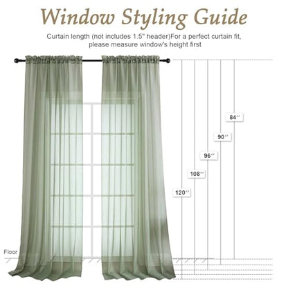 OVZME Sheer Sage Green Curtains 108 Inches Long 2 Panels Set, 59 Inch Extra Wide Lightweight Airy Sage Green Sheer Curtain for Living Room Bedroom, Filmy Voile Rod Pocket, 59Wx108L Inches - color: Sage Green, size: 59"W x 108"L (Pack of 2)