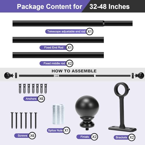 Heavy Duty Steel Curtain Rod 1 Inch Diameter - Adjustable 30-72 Inches for Windows, Room Dividers, Indoor/Outdoor - Rust-Resistant Matte Black Finish, Sturdy Metal - size: 30" - 48"
