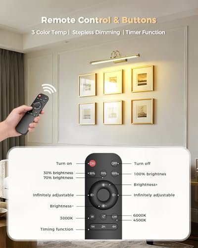 23.6″ Wireless Rechargeable Picture Light with Remote, Large Battery Operated Wall Light for Paintings & Art, Dimmable LED Gallery Lamp with Timer, Adjustable Metal Design, Electroplated Gold Finish - color: Battery Operated-Brass, size: 23.6 Inch