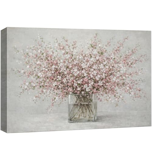 wall26 Canvas Print Wall Art Pink Blossoms in Square Glass Vase Floral Digital Art Realism Rustic Scenic Nature Photography Colorful for Living Room, Bedroom, Office - 12"x18" - color: A25-2601-YUK08, size: 18"L x 12"W
