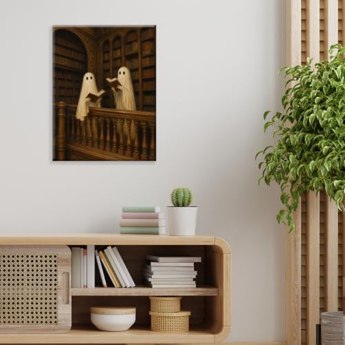 Halloween Wall Art Framed Canvas Print Ghost Reading Books Poster - color: Q