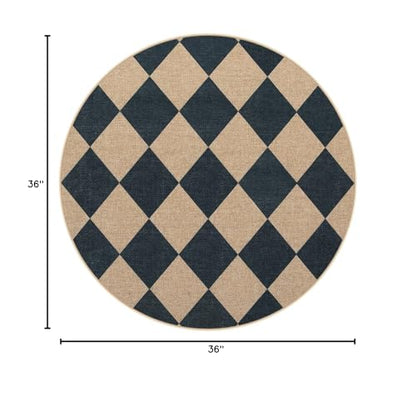 Lahome Checkered Easy Jute Round Rug 3ft, Outdoor Entryway Rug Washable - color: Black/Checkerboard -2, size: 3' Round