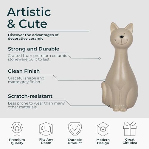 Skinny Sitting Kitty Figurine – Handcrafted Ceramic Cat Decorative Accent for Shelf, Console, or Coffee Table Display, Casual and Modern Living Room or Office Home Decor, 9", Gray
