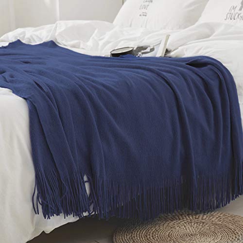 Homiest Navy Blue Knitted Throw Blanket with Fringe, 50x60 Inch - color: Navy Blue, size: 50" x 60"