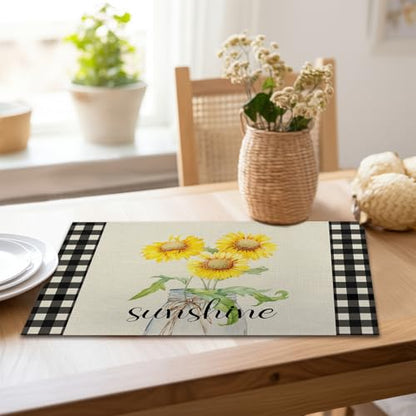 Buffalo Plaid Sunshine Sunflower Placemats, Resistant Place Mats Kitchen Decor Dining Decoration for Party, Sunflower Kitchen Decor Placemats Set of 4（ Sunshine ） -03 - style: Sunflower 3