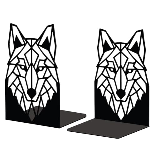 Peacoblue 5.3"x4.3"x7.5" Metal Bookends, Heavy Duty Book Ends for Shelves - style: Geometric Wolf Head