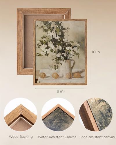 ElfLuna Wood Framed Canvas, Retro Lemon Floral Still Life Print - color: Flowers and Lemons, size: 10"L x 8"W