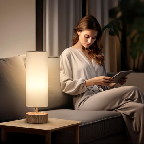 Touch Table Lamp with Wood Grain Metal Base, 3 Way Dimmable Bedside Lamp - color: White Shade with Wood Grain Base