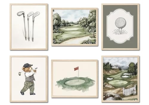 Mynotix Golf Nursery Canvas Poster Set of 6, Vintage Baby Boy Golf Sport Wall Art Teddy Bear Sage Green Kids Wall Decor Print for Living Room Bedroom Children's Room Unframed 8x10 inch - color: Green golf, size: 10"L x 8"W