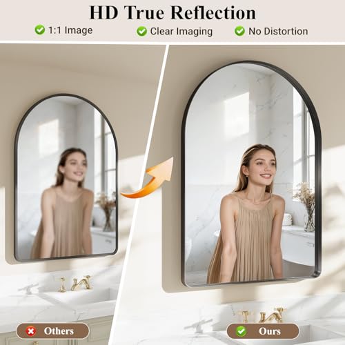 38"x26" Black Arched Mirror, Arched Wall Mirror with Metal Frame, Wall Mounted Large Arched Mirror for Living Room, Restroom, Entryway, Tempered Glass, Modern Home Decor - color: Black-rounded Corner, size: 38"L x 26"W