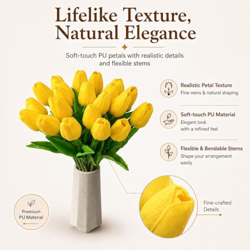 Mandy's 20 Stems Yellow Artificial Tulip Flowers for Home Centerpieces - color: Yellow 20pcs
