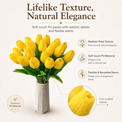 Mandy's 20 Stems Yellow Artificial Tulip Flowers for Home Centerpieces - color: Yellow 20pcs