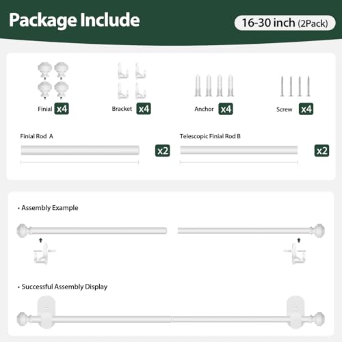 KAMANINA Curtain Rods No Drilling for Windows 16 to 30 Inches, White 2 Pack - color: White, size: 16-30"（2Pack）