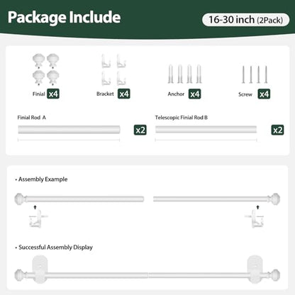 KAMANINA Curtain Rods No Drilling for Windows 16 to 30 Inches, White 2 Pack - color: White, size: 16-30"（2Pack）