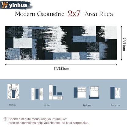 Yinhua Geometric Runner Rug 2x7 Modern Hallway Runner Rugs Low Pile Washable Rugs Non Slip, Soft Faux Wool Area Rug for Bedroom, Kitchen, Laundry, Bathroom, Blue and Gray Carpet No Shedding - color: Blue and Gray, size: 2' x 7'