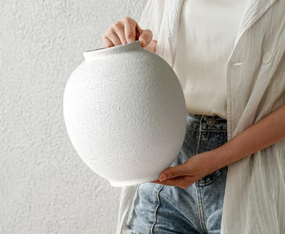 White Ceramic Vase, 9.8" Large, Round, Sandstone White - color: White-9.8", size: 9.8"-Oval