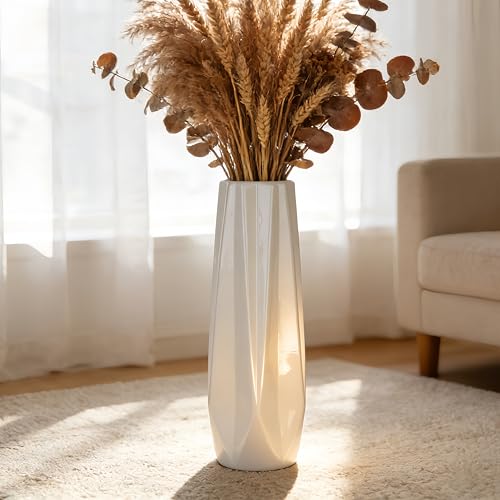 White Tall Ceramic Floor Vase, 17.7 Inch, Faceted Design - color: 5-stripes, size: Height-17.7 Inch