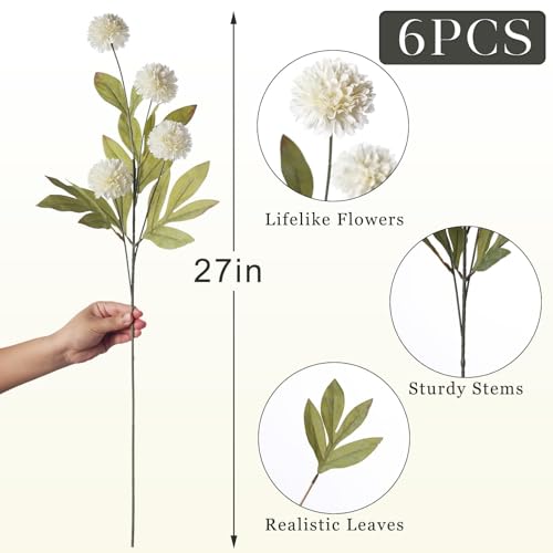 VIERENA 6 Pcs 27" Artificial Pompon Mum Silk Flower Stems for Vase (Cream) - color: Cream