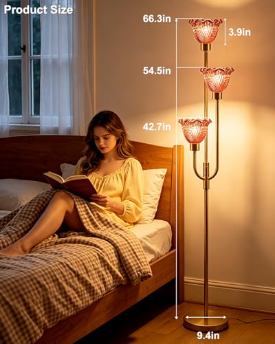 Glass Floor Lamp 66IN 3-Light Modern Red Glass Gold Dimmable Floor Lamps - color: Deep Red Flower-Gold