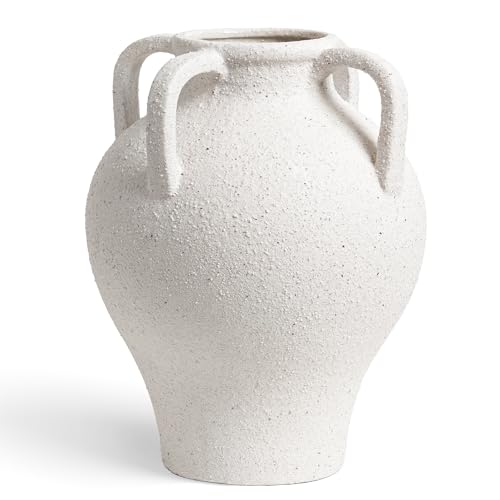 Large White Ceramic Vase with 4 Handles, 10.8 Inch, Rustic Farmhouse - color: Yeda - Rock Sand White, size: L(10.8"-11.8")