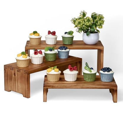DAOYOUSKY Set of 3 Wooden Rustic Cupcake Stand for 24 Cupcakes, Stepped Wood Display Stand for Weddings, Tiered Party Buffet Table Display Nesting Riser for Food , Dessert, Cookie, Craft Show, Burnt - color: Burnt