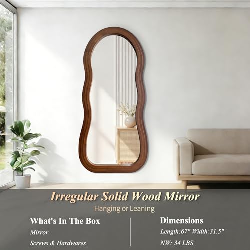 67"x31.5" Wavy Full Length Mirror with 3-Layer Solid Wood Frame - color: Walnut Wavy Frame, size: 67"L x 31.5"W