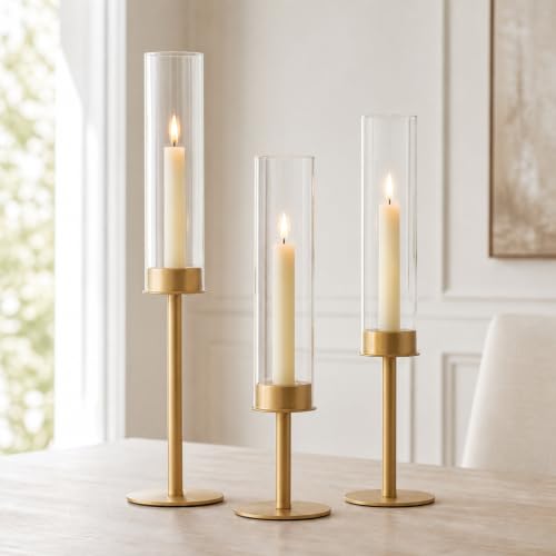 Hewory Gold Candlestick Holders: 3PCS Glass Hurricane with Brass Base - color: Matte Gold, size: 3pcs