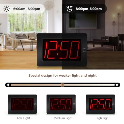 LED Digital Wall Clock Battery Operated - Large Display Digital Clock, Adjustable Brightness, Wall or Table Mount - color: Black-red