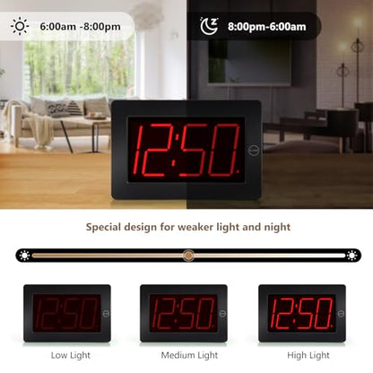 LED Digital Wall Clock Battery Operated - Large Display Digital Clock, Adjustable Brightness, Wall or Table Mount - color: Black-red