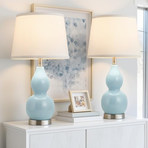 GyroVu 22" Table Lamp Set of 2, Color Temperature Adjustable Double Gourd Ceramic Lamps Classic Nightstand Table Lamps for Bedroom Beside Lamps for Living Room, Sky Blue-Bulbs Included - color: 22.63" Blue Gourd