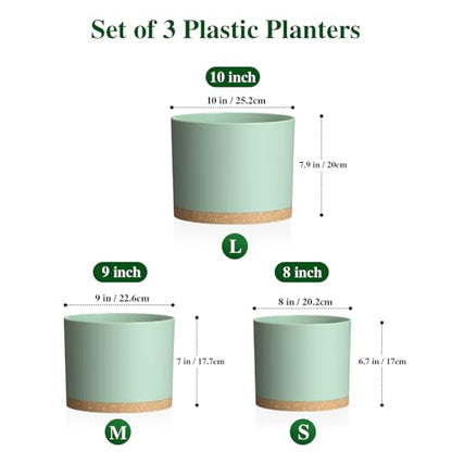 Plant Pots, 10/9/8 Inch 3 Pack Cylindrical Flower Pots with Drainage Holes and Saucers, Plastic Planters for Outdoor Indoor Plants,Green Brown - color: Green With Brown