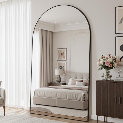 Full Length Mirror, 82"x44" Arched Floor Mirror Freestanding, Floor Standing Full Body Mirror with Stand for Bedroom, Hanging Mounted for Living Room Cloakroom, Black - color: Black, size: 82"L x 44"W