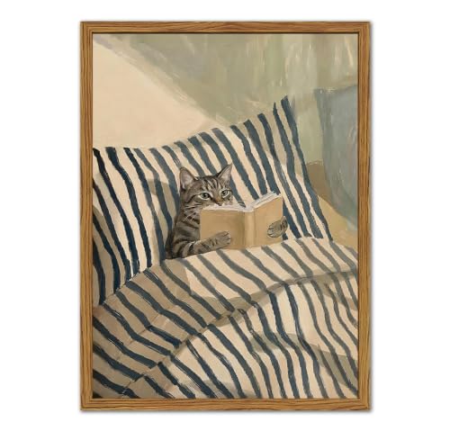 Framed Funny Cat Wall Art, Whimsical Tabby Cat Reading Book in Striped Bed Pictures Wall Decor, Cute Animal Paintings Canvas Prints Cozy Home Decor for Bedroom Living Room Reading Nook 8x10 inch - color: Tabby Cat, size: 10"L x 8"W