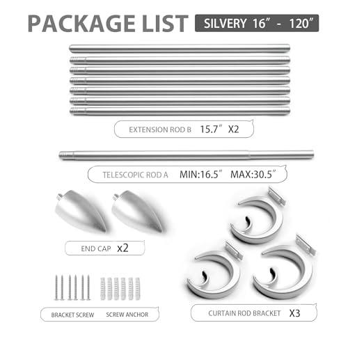 Modern Adjustable Curtain Rod Set 16 to 120 Inches, Sleek Window Rod for Bedroom, Living Room, Silver - color: SILVER, size: 16" to 120"
