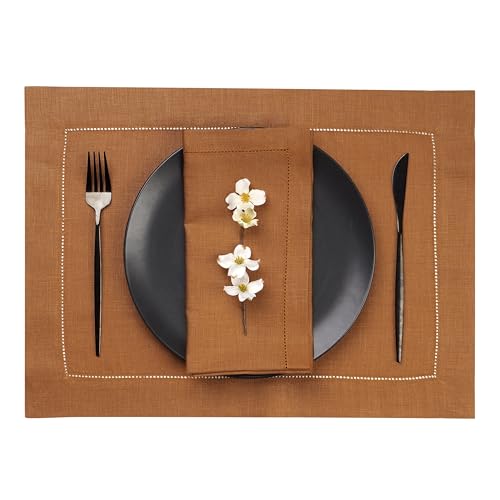 Signature Linen™ by D'Moksha, Rust Placemats Set of 6, 14 x 19 Inch, 100% Pure Linen Table Mats, Hemstitch, Machine Washable Cloth Placemats- Fall, Weddings, Outdoor Hosting - color: Rust, size: Set of 6 (14 X 19 Inch)