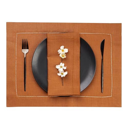 Signature Linen™ by D'Moksha, Rust Placemats Set of 6, 14 x 19 Inch, 100% Pure Linen Table Mats, Hemstitch, Machine Washable Cloth Placemats- Fall, Weddings, Outdoor Hosting - color: Rust, size: Set of 6 (14 X 19 Inch)