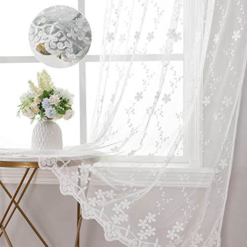 WUBODTI Luxury White Lace Curtains 63 Inches Long 2 Panels for Bedroom, Cute Vine Floral Embroidered Sheer Curtain Grommet White Elegant Tulle Curtain Drapes for Living Room, Kids Room Decor - size: 52"W x 63"L (Pack of 2)
