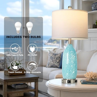 Rinweey 26" Bule Glass Table Lamps Set of 2,Nautical lamp with USB A+C Ports & AC Outlet,Coastal Bedside Lamps with 3-Way Dimmable Touch Control Night Light for Bedroom Living Room,Sky Blue - color: Sky Blue