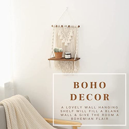 Macrame Wall Hanging Shelf & Boho Decor, Handmade Wooden Floating Shelves - size: Small