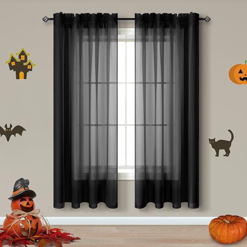 Halloween Decor 72 Inch Length Black Sheer Curtains Set of 2 Panels Rod Pocket See Through Voile Window Curtains for Bedroom Living Room 52x72 Inches Long - color: Black, size: 52"W x 72"L (Pack of 2)