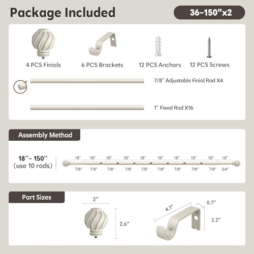 White Curtain Rods Set 2 Pack for Windows 72 to 144 Inch Long - color: White, size: 36"-150"|2 Pack