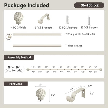 White Curtain Rods Set 2 Pack for Windows 72 to 144 Inch Long - color: White, size: 36"-150"|2 Pack