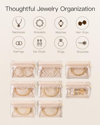 VLANDO Jewelry Travel Organizer with Clear 8 Velvet Bags,White - color: 8PCS-White