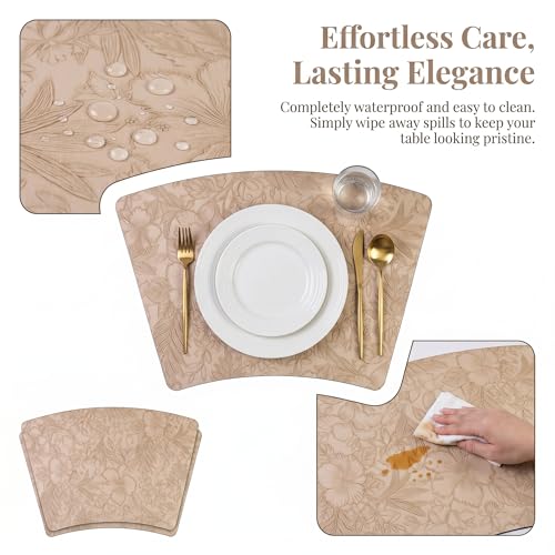 Faux Leather Set of 6, Placemats with Carving Floral Design - color: Apricot