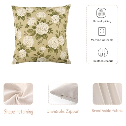 Warm Khaki Off-White Hydrangea Floral Linen Pillow Cover 18x18 Inch Set of 2 Neutral Home Decor, Insert Not Included - color: Khaki-ivory-green